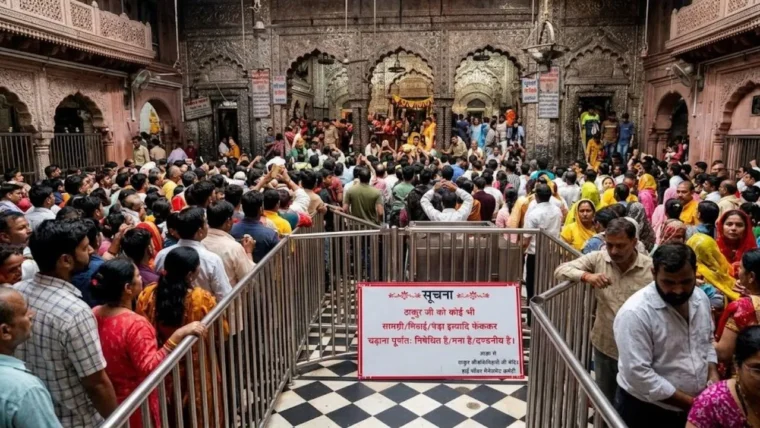 बांके बिहारी मंदिर में प्रसाद फेंकने पर दंडनीय सूचना पर विवाद