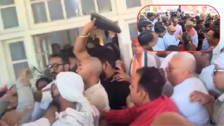 लखनऊ कांग्रेस मुख्यालय में नए अध्यक्ष आराधना मिश्रा मोना के कार्यभार ग्रहण पर अजय राय और ममता चौधरी के समर्थकों के बीच झड़प