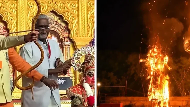 विजयादशमी पर पीएम मोदी ने तीर से रावण दहन किया, 'जय श्री राम' के नारे गूंजे